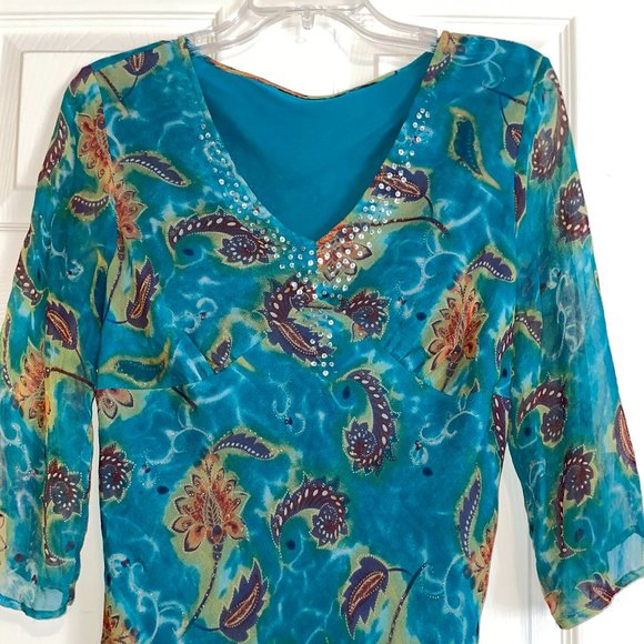 Teal Paisley blouse with Sparkle Accents - Picture 1 of 8